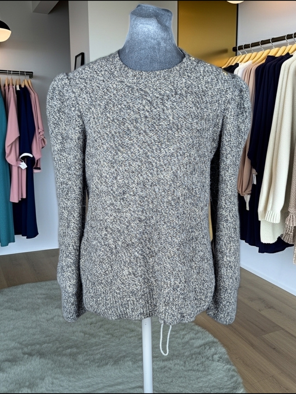 Anne Klein Gray/Black Marled Knit Pullover Sweater Crew Neck Puff Sleeve M